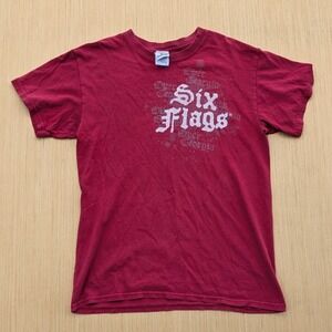 Vintage Six‎ Flags Y2K Scroll Red Short Sleeve Crew Neck T-Shirt Men's Small